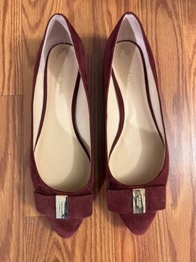 kate spade Burgundy Suede Pointed Toe Flats with Gold Accent